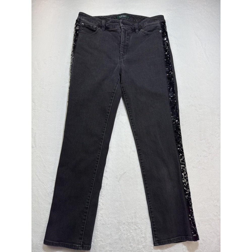 Lauren Ralph Lauren Jeans Womens 10 Gray High Rise Straight Sequin Stripe Denim